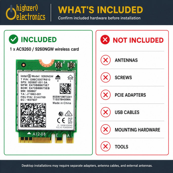 9260NGW M.2 2230 WiFi 5 Card | Supports Bluetooth 5.1 | Up to 1.73Gbps
