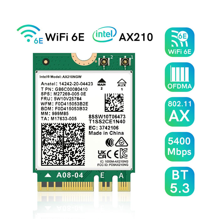 QFly Wi-Fi 6E AX210NGW Wireless WiFi Card Bluetooth 5.3 Tri-Band Internal Network Adapter for Laptop Support Windows 10/11 (64bit) M.2/NGFF