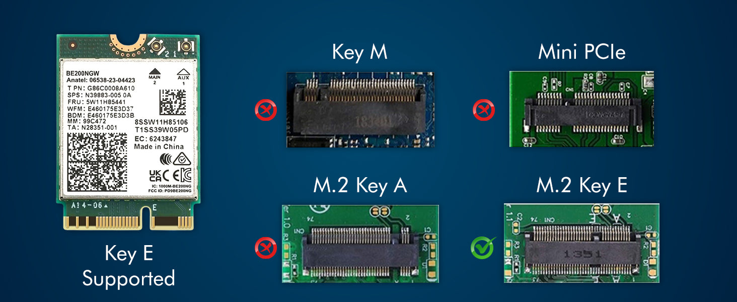 WiFi 7 Adapter for Intel BE200 | M.2 PCIe Format | Tri-Band 2.4/5/6 GHz | Up to 5.8 Gbps | WiFi Card for PCs | Bluetooth 5.4 Compatible | For Intel PC with Windows 10/11 | BE200NGW