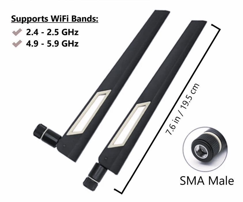 Black and Silver 10dBi Dual Band Signal Booster Wi-Fi Antennas (2.4GHz/5GHz-5.8GHz) with SMA Male Connector for Wireless Camera, Router, Hotspot - 2 Pack