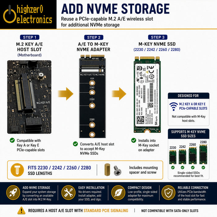M.2 Key A+E to M-Key NVMe SSD Adapter | PCIe x1 | 2230 2242 2260 2280 SSD