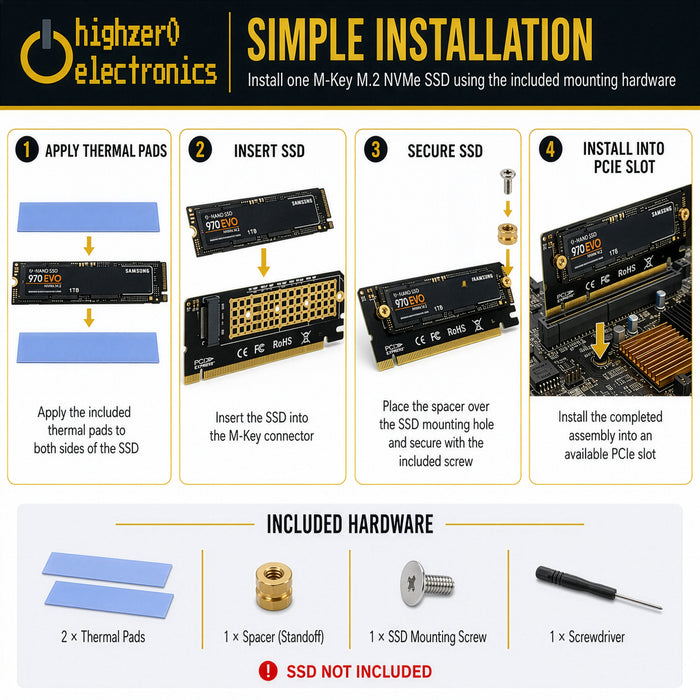 M.2 NVMe SSD to PCIe x4 Adapter Card | Supports 2230-2280 M-Key Drives