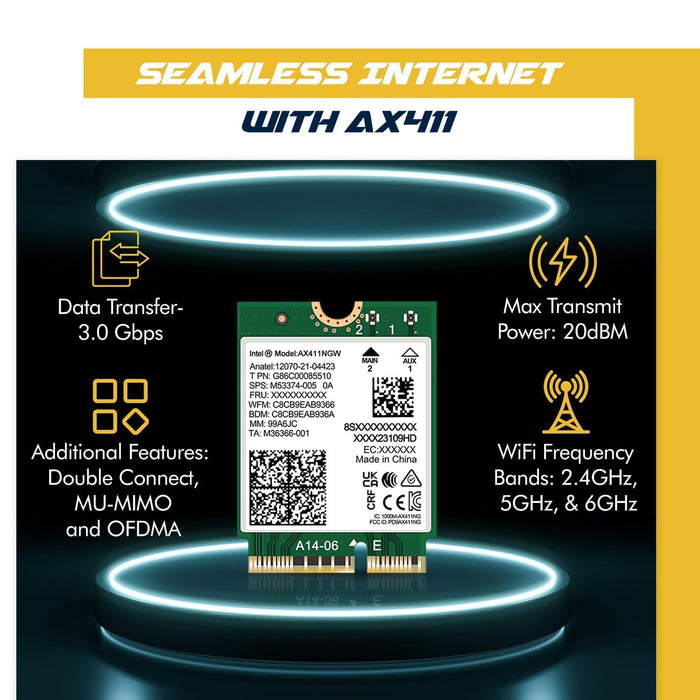 WiFi 6E-Adapter für Intel AX411 | Tri-Band-Wireless | Bis zu 3,0 Gbit/s | CNVio2 M.2-Format für PCs | Bluetooth 5.3-Unterstützung | Für Intel-CPUs der 12. Generation und neuer, Windows 10/11, Linux | AX411NGW