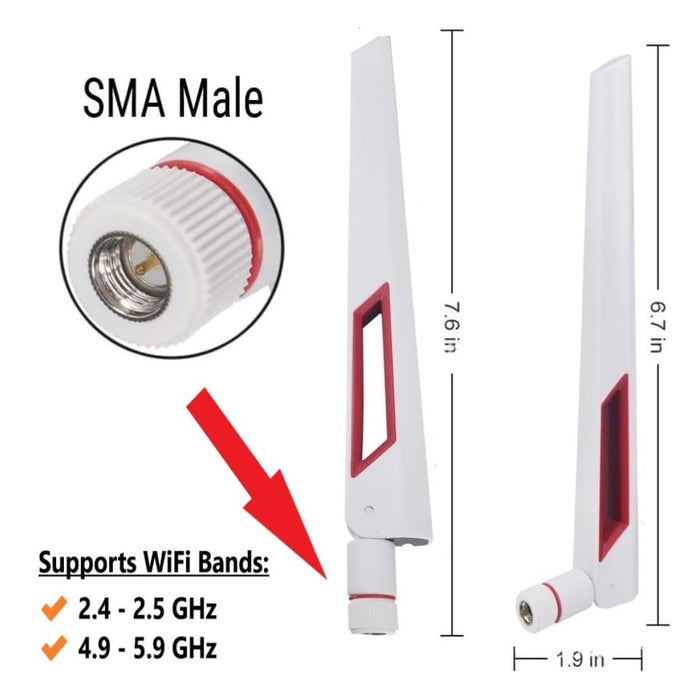 Antenas Wi-Fi amplificadoras de señal de banda dual de 10dBi blancas y rojas (2,4 GHz/5 GHz-5,8 GHz) con conector macho SMA para cámara inalámbrica, enrutador, punto de acceso, paquete de 2