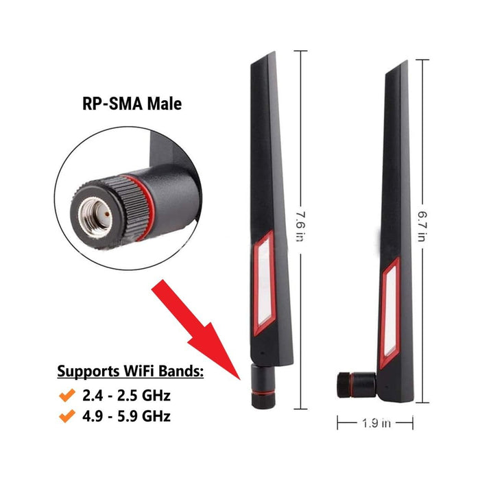 Antenas Wi-Fi amplificadoras de señal de doble banda de 10 dBi en negro y rojo (2,4 GHz/5 GHz-5,8 GHz) con conector macho RP-SMA para cámara inalámbrica, enrutador, punto de acceso, paquete de 2