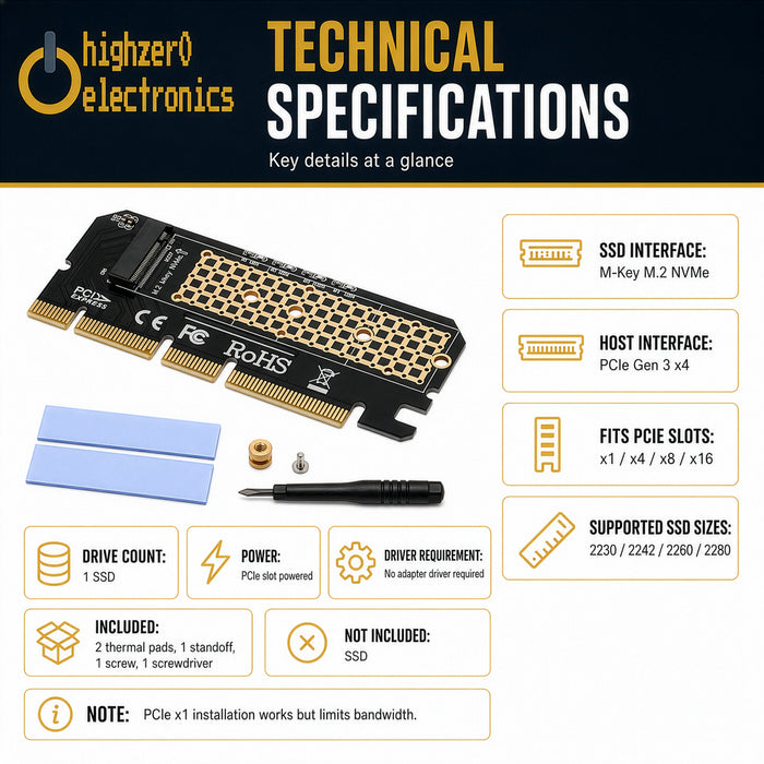 M.2 NVMe SSD to PCIe x4 Adapter Card | Supports 2230-2280 M-Key Drives