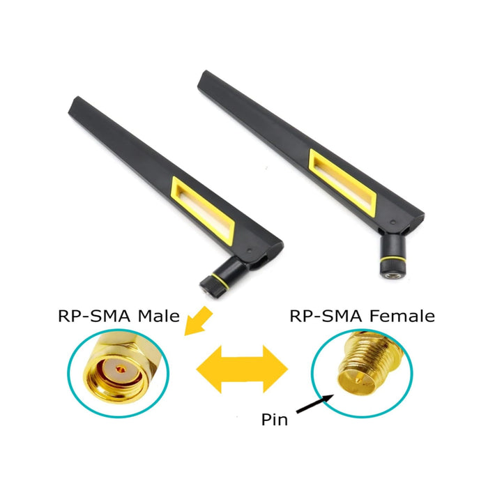 Schwarze und goldene 10-dBi-Dualband-Signalverstärker-WLAN-Antennen (2,4 GHz/5 GHz-5,8 GHz) mit RP-SMA-Stecker für drahtlose Kamera, Router, Hotspot – 2er-Pack