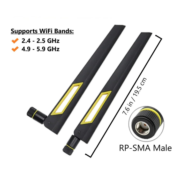Black and Gold 10dBi Dual Band Signal Booster Wi-Fi Antennas (2.4GHz/5GHz-5.8GHz) with RP-SMA Male Connector for Wireless Camera, Router, Hotspot - 2 Pack