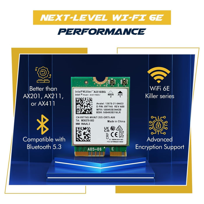 Diseñado para la actualización del adaptador para juegos Intel AX1690i Killer Series WiFi 6E | Tarjeta WiFi CNVio2 M.2 | WiFi de alta velocidad de 3,0 Gbps para PC | Bluetooth 5.3 habilitado | Compatible con CPU Intel de 12.ª generación y posteriores