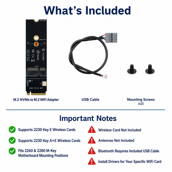 M.2 Key M to Key E A+E WiFi Adapter | M2 2230 Wireless Card Converter Kit
