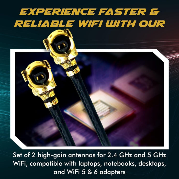 WiFi Antenna for PC, Laptop, Desktop & Motherboard | 2.4GHz/5GHz/6GHz | 1st Generation U.FL (Compatible with MHF1) Connectors on Mini PCIe Wi-Fi Cards | 2-Pack 20cm (8in)