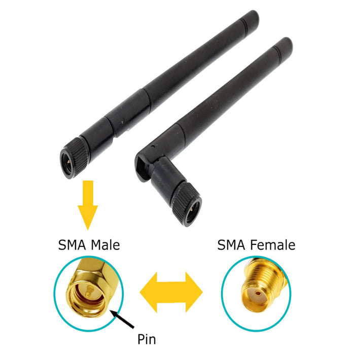 Black 3dBi Dual Band Signal Booster Mini Wi-Fi Antennas (2.4GHz/5GHz-5.8GHz) with SMA Male Connector for Wireless Camera, Router, Hotspot - 2 Pack