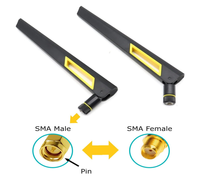 Black and Gold 10dBi Dual Band Signal Booster Wi-Fi Antennas (2.4GHz/5GHz-5.8GHz) with SMA Male Connector for Wireless Camera, Router, Hotspot - 2 Pack