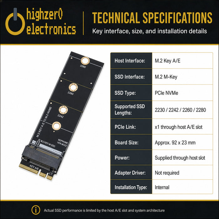 M.2 Key A+E to M-Key NVMe SSD Adapter | PCIe x1 | 2230 2242 2260 2280 SSD