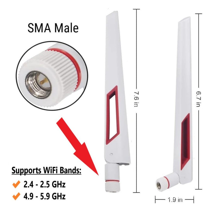 Antenas Wi-Fi amplificadoras de señal de banda dual de 10 dBi blancas y rojas (2,4 GHz/5 GHz-5,8 GHz) con conector macho RP-SMA para cámara inalámbrica, enrutador, punto de acceso, paquete de 2