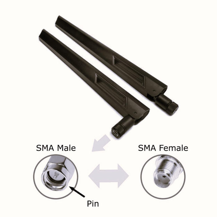 Schwarze und schwarze 10-dBi-Dualband-Signalverstärker-WLAN-Antennen (2,4 GHz/5 GHz-5,8 GHz) mit SMA-Stecker für drahtlose Kamera, Router, Hotspot – 2er-Pack