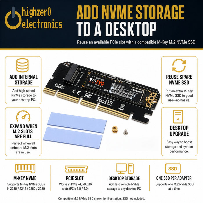 M.2 NVMe SSD to PCIe x4 Adapter Card | Supports 2230-2280 M-Key Drives