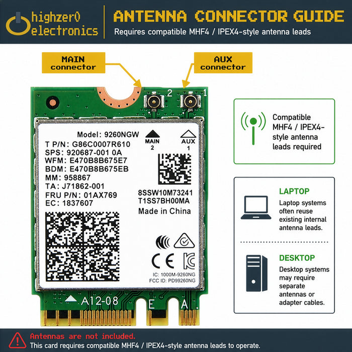 9260NGW M.2 2230 WiFi 5 Card | Supports Bluetooth 5.1 | Up to 1.73Gbps