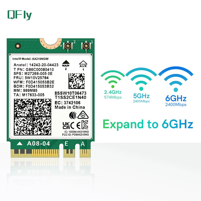 QFly Wi-Fi 6E AX210NGW Wireless WiFi Card Bluetooth 5.3 Tri-Band Internal Network Adapter for Laptop Support Windows 10/11 (64bit) M.2/NGFF