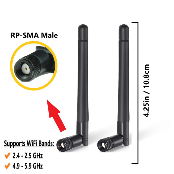 Schwarze 3dBi Dualband-Signalverstärker-Mini-WLAN-Antennen (2,4 GHz/5 GHz-5,8 GHz) mit RP-SMA-Stecker für drahtlose Kamera, Router, Hotspot – 2er-Pack